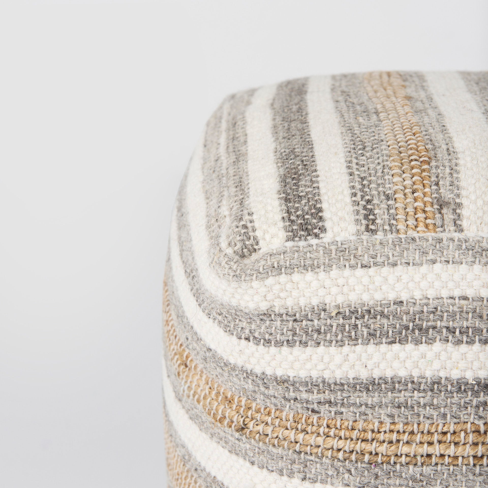 Aahana 16.0L x 16.0W x 16.0H White/Taupe/Gray Striped Hemp and Cotton Pouf