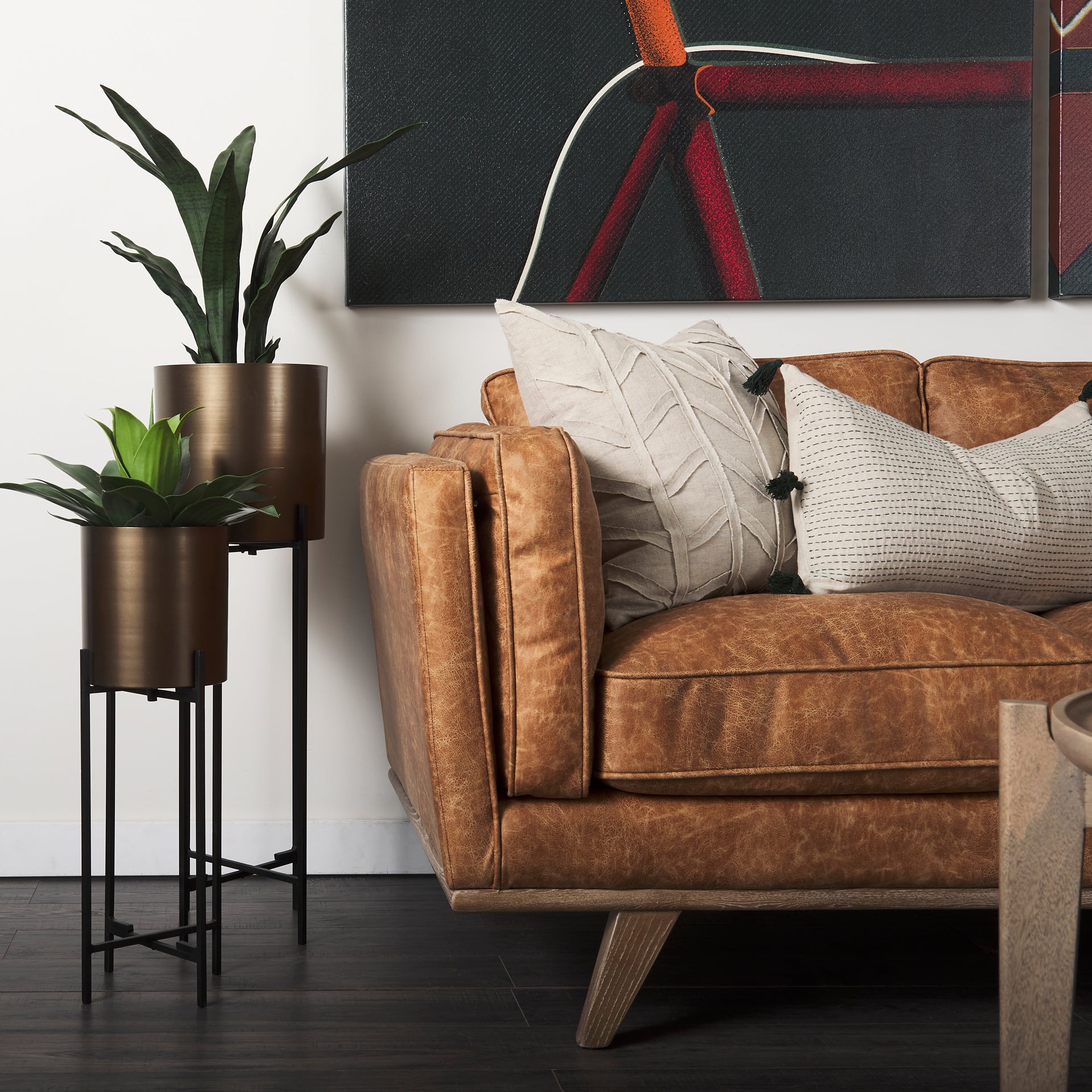 Brooks 90.2L x 34.8W x 33.5H Cognac Brown Faux Leather Three Seater Sofa W/ Medium Brown Wooden Legs