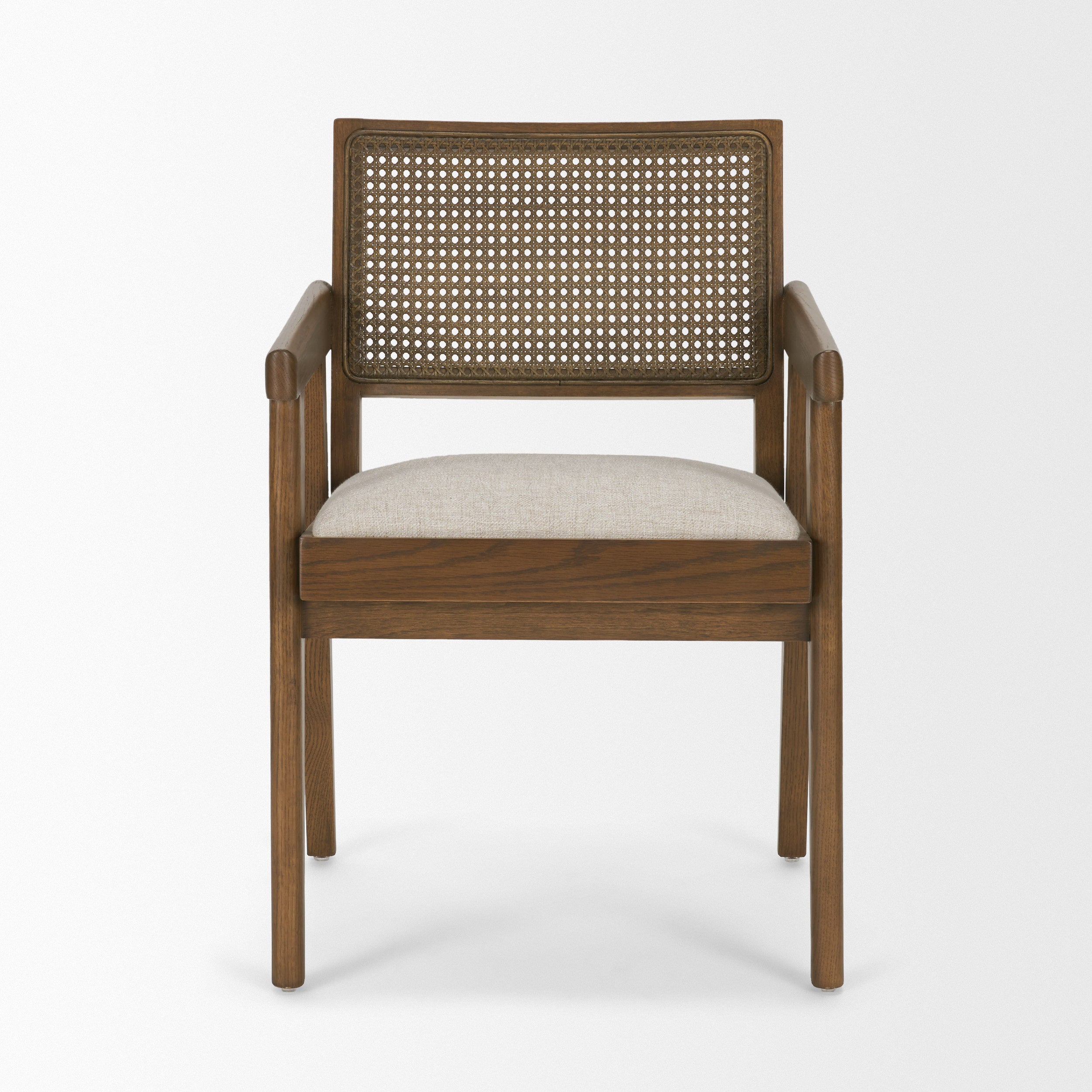 Reid Framed Brown Cane Cream Fabric Dining Armchair