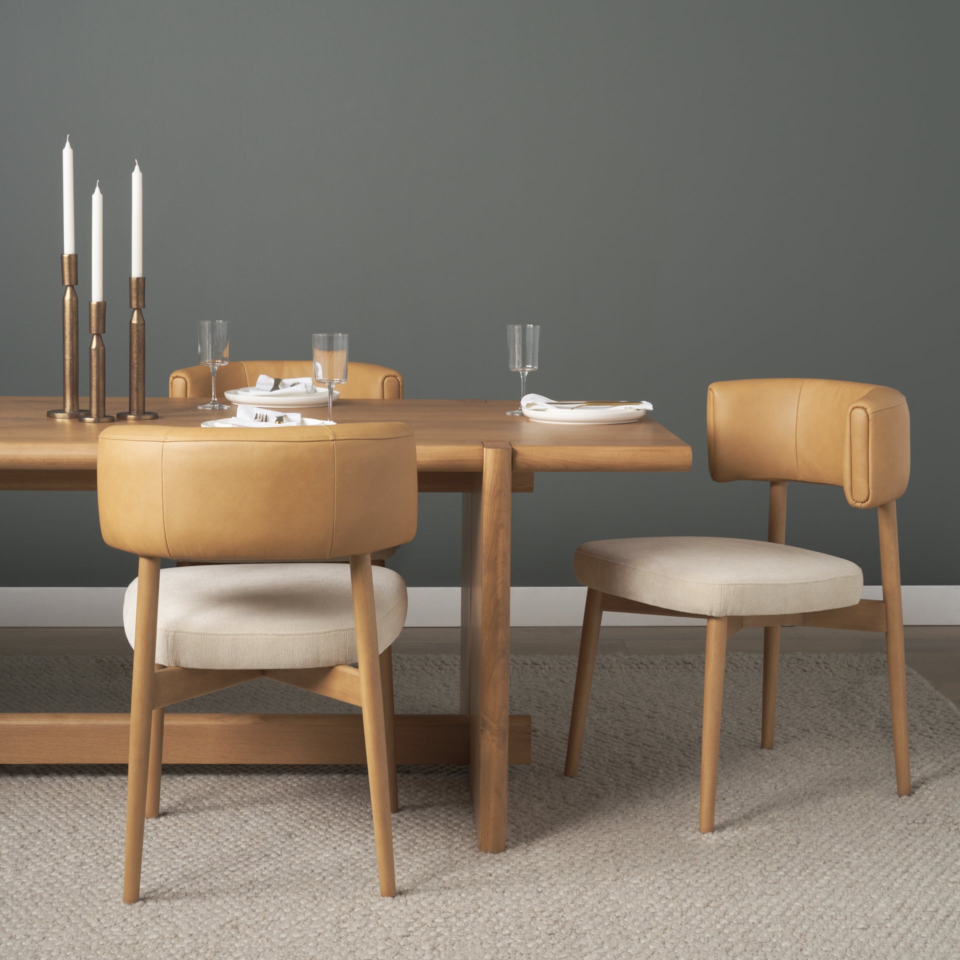 Motley Curved Open Back Cream Fabric and Tan Leather Dining Chair S/2