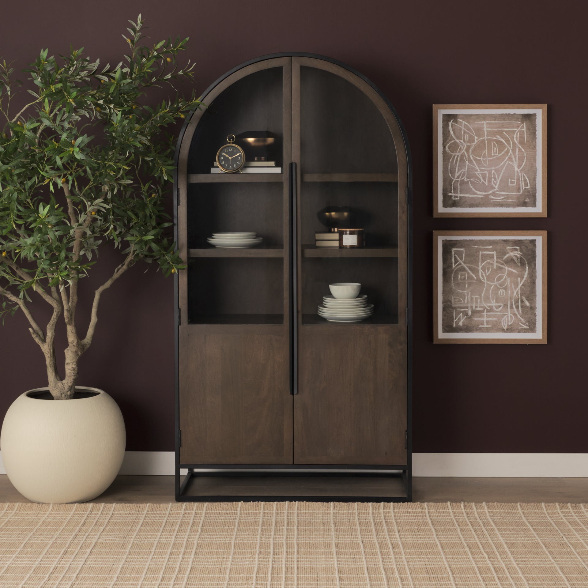 Sloan 80.5H Dark Brown Wood W/Black Metal Arched Curio Cabinet