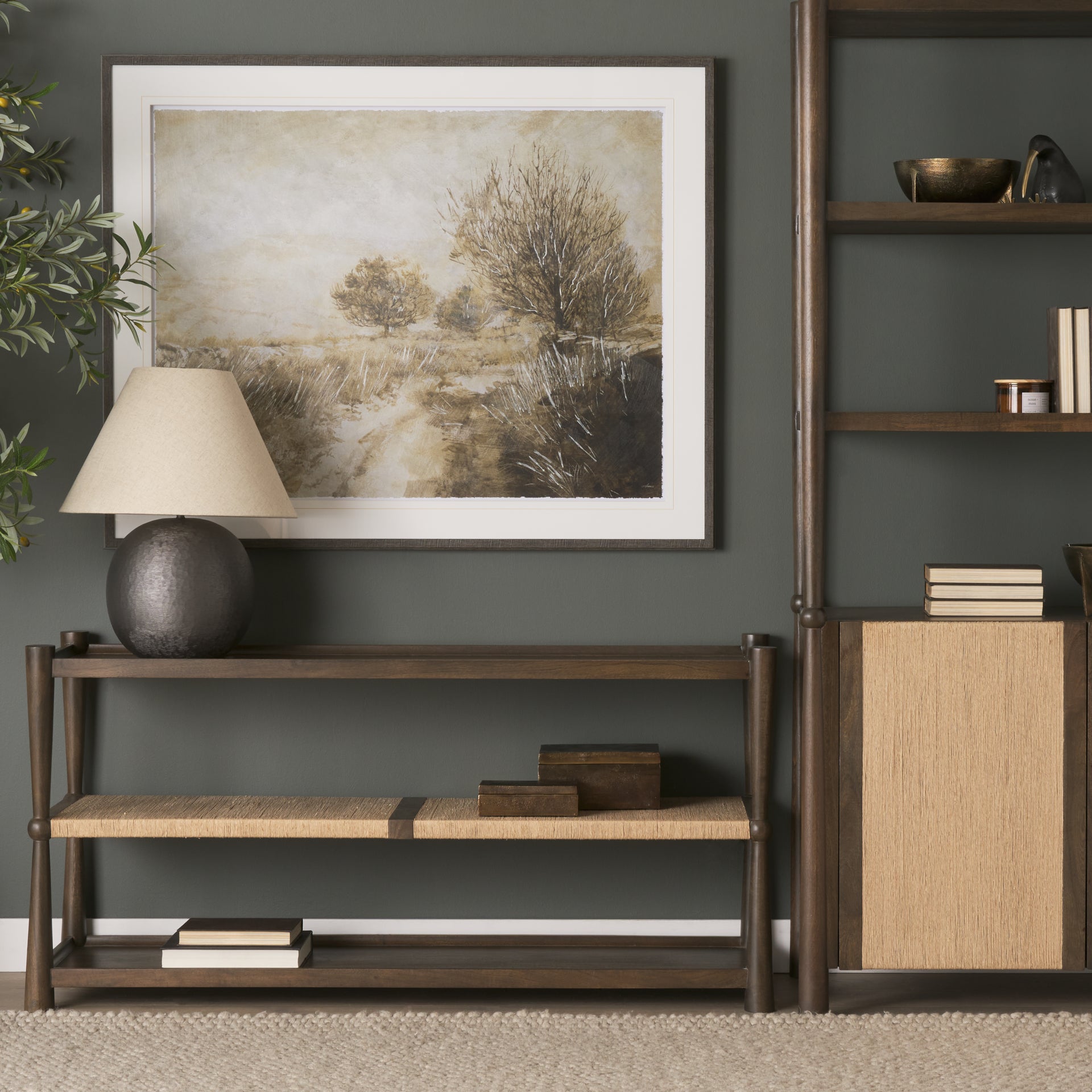 Bondi Dark Brown Wood w/ Paper Rope Shelf Console Table