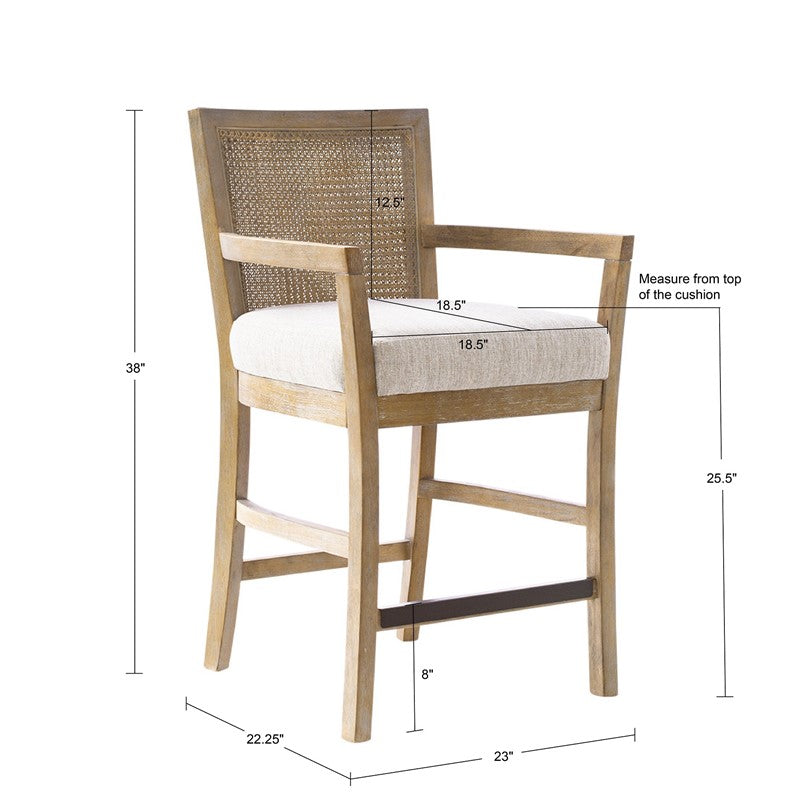 Diedra Reclaimed Wood Counter Stool with Natural Rattan Back and Upholstered Seat