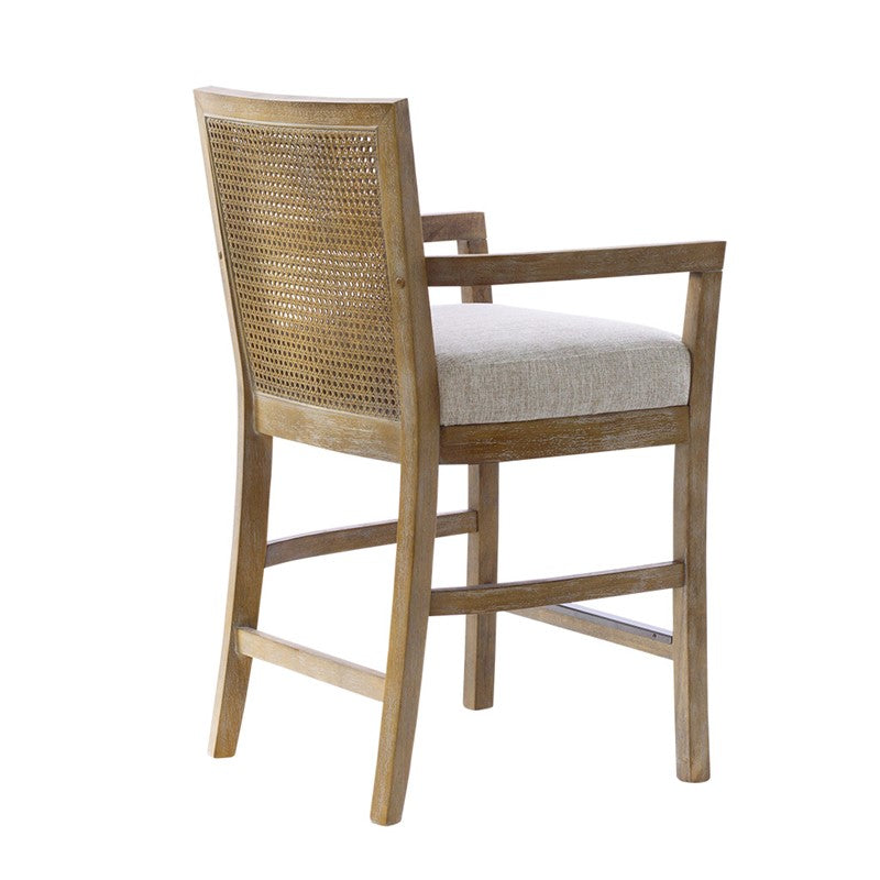 Diedra Reclaimed Wood Counter Stool with Natural Rattan Back and Upholstered Seat