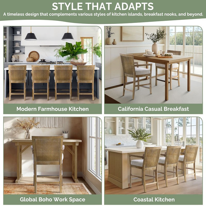 Diedra Reclaimed Wood Counter Stool with Natural Rattan Back and Upholstered Seat