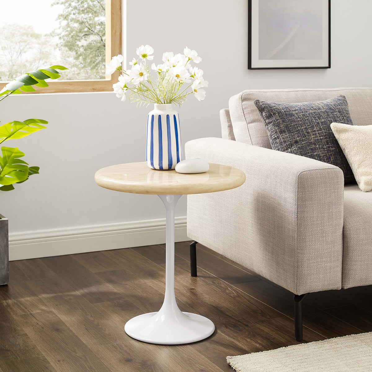 Lippa Round Faux Travertine Side Table