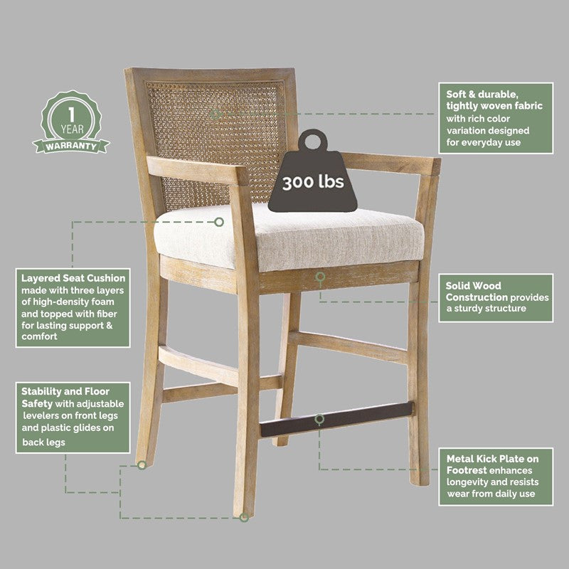 Diedra Reclaimed Wood Counter Stool with Natural Rattan Back and Upholstered Seat