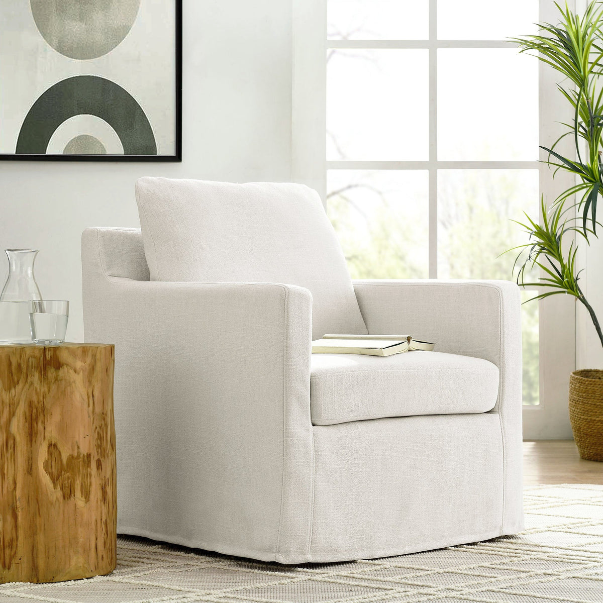 Serene Fabric Slipcovered Swivel Armchair