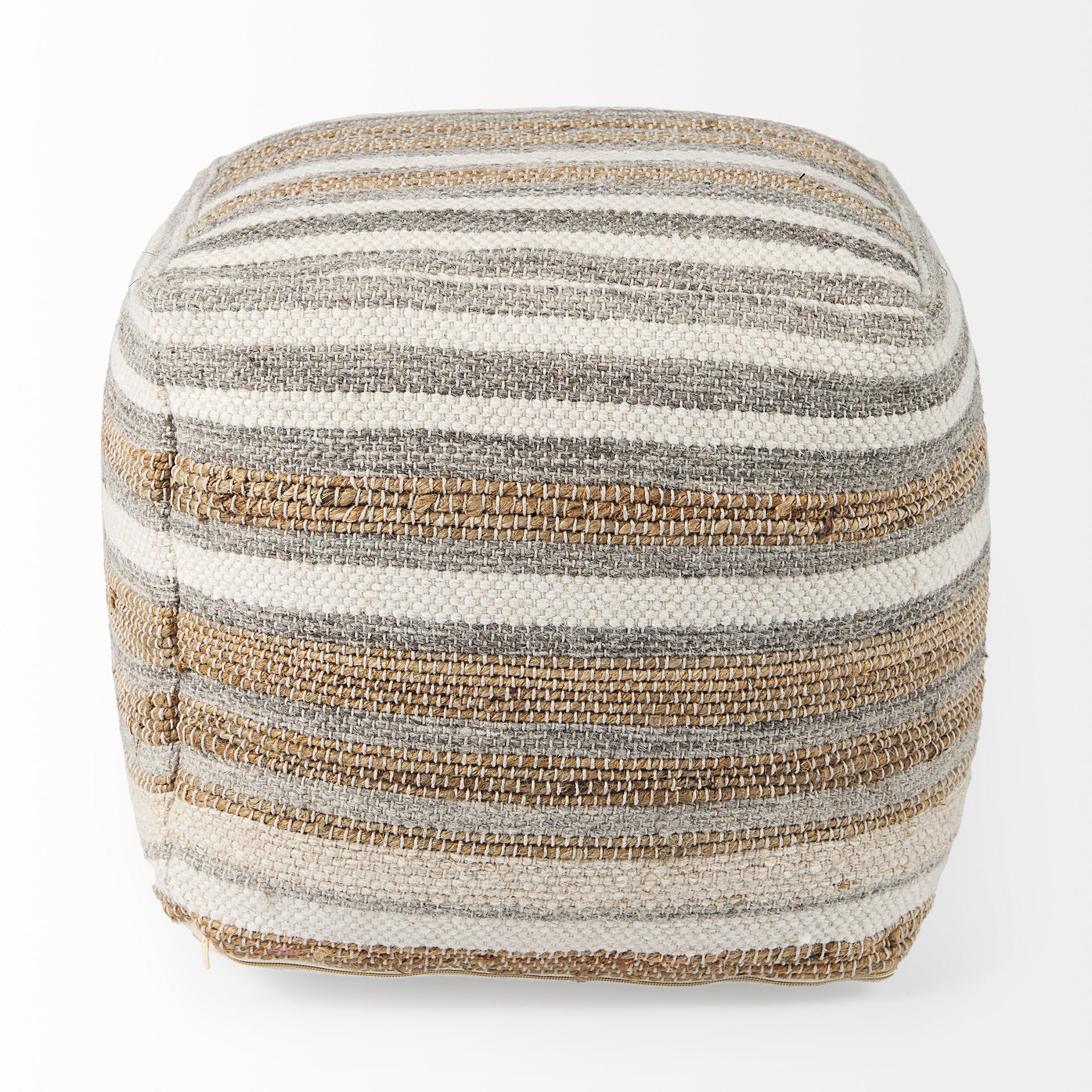 Aahana 16.0L x 16.0W x 16.0H White/Taupe/Gray Striped Hemp and Cotton Pouf