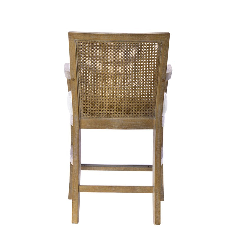 Diedra Reclaimed Wood Counter Stool with Natural Rattan Back and Upholstered Seat