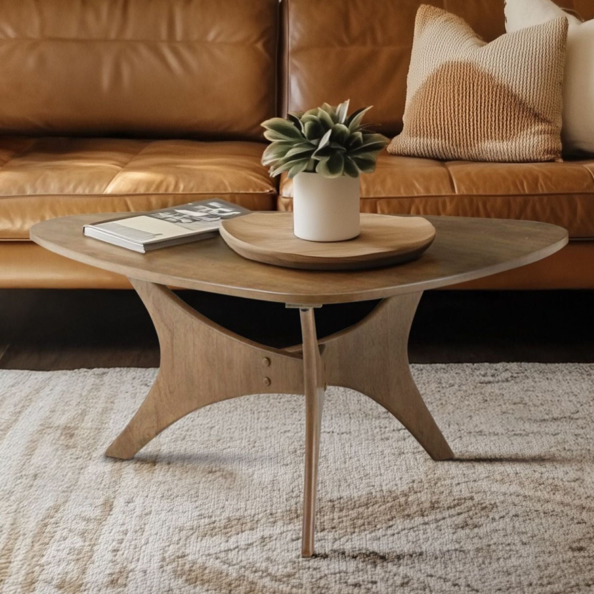 Blaze Organic Triangular Wood Coffee Table with Sculptural Base