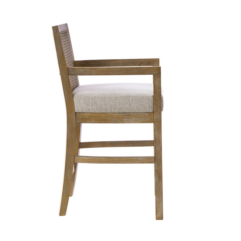 Diedra Reclaimed Wood Counter Stool with Natural Rattan Back and Upholstered Seat