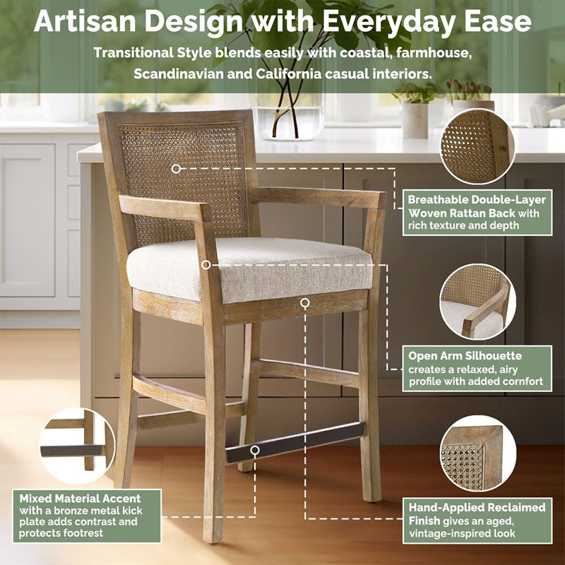 Diedra Reclaimed Wood Counter Stool with Natural Rattan Back and Upholstered Seat