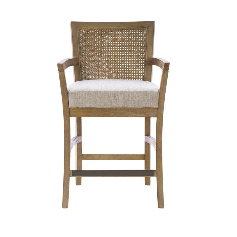 Diedra Reclaimed Wood Counter Stool with Natural Rattan Back and Upholstered Seat
