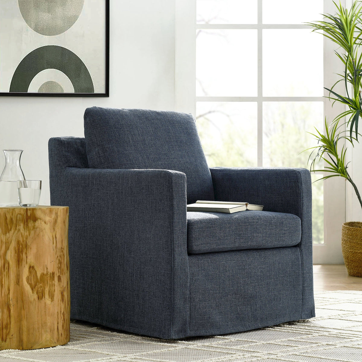 Serene Fabric Slipcovered Swivel Armchair